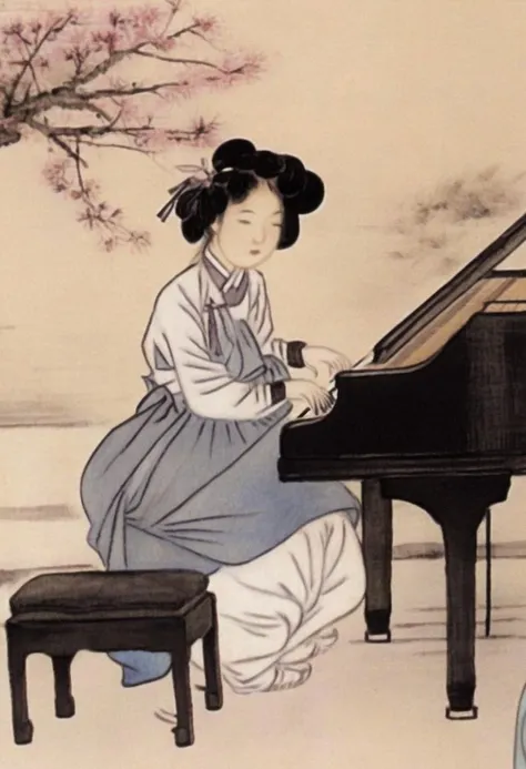 best quality, shinyunbok painting, a girl playing piano