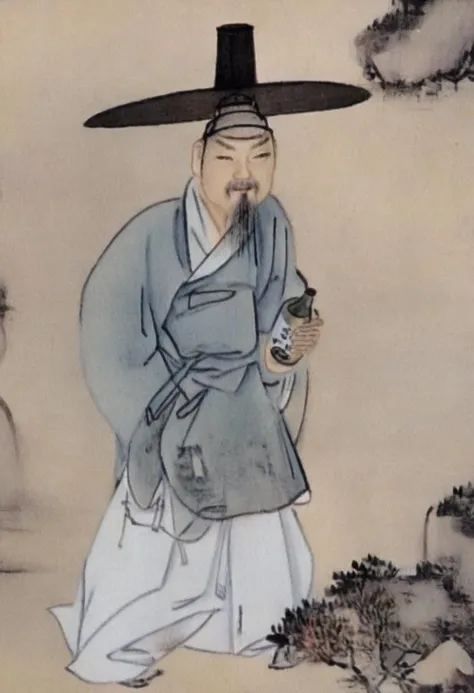 shinyunbok painting, a man with a hat holding a beer bottle