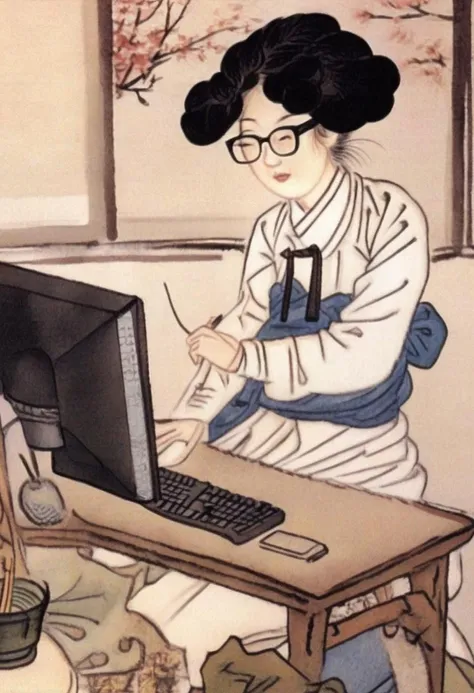 best quality, shinyunbok painting, a lady wearing glasses, her eyes fixed on the computer screen as she works tirelessly