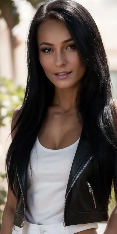 portrait of lexi_dona,
((best quality)), ((masterpiece)), ((hyper-realistic)), (ultra-detailed), photo, high quality,
white tank top,
black leather jacket,
jeans,
walking pose,
winter, sunlight,
(bokeh),(detailed), (intricate), (cinematic lighting), (sharp focus on eyes), (skin texture:1.2),
(highly detailed face, realistic skin texture),
fujifilm xt3, natural skin texture, by holly randall,
<lora:lexi_dona:0.9>