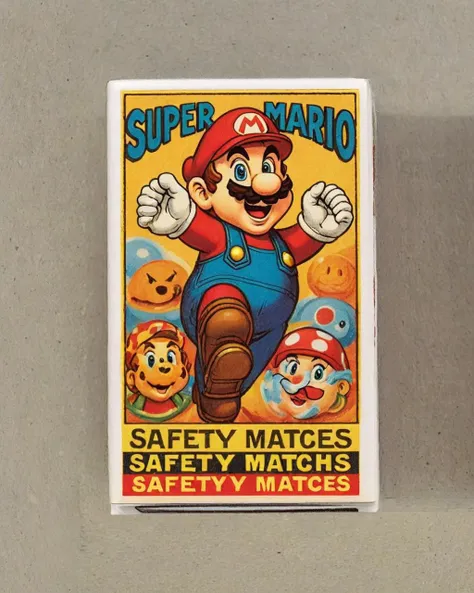 <lora:Wizards_Vintage_Matchbox:1> Vintage safety matches, Super Mario 64