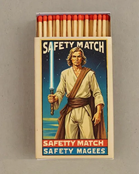 <lora:Wizards_Vintage_Matchbox:1> Vintage safety matches, art by Graham Ingels, concept art, Futuristic Male Jedi, Smoky Conditions, soft focus, Sci-Fi, F/5