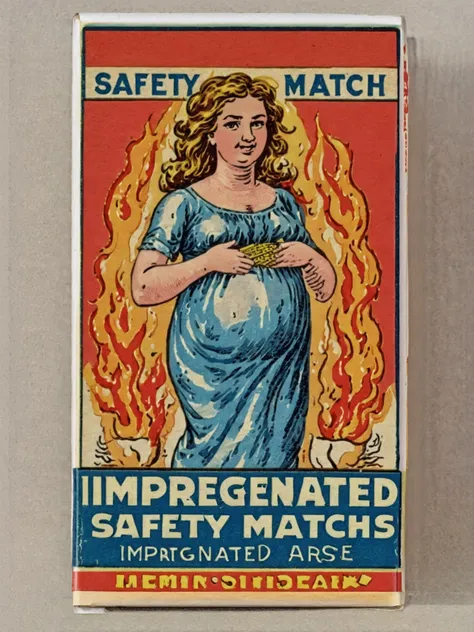 vintage safety matches, closed match box (called "IMPREGNATED SAFETY MATCHES":1.4), illustration of pregnant woman wearing blue dress with her hair on fire <lora:Wizards_Vintage_Matchbox:0.8>, detailed, intricate
