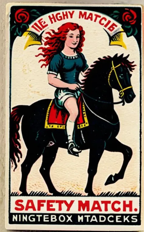 1 girl with red hair, riding a black horse, highly detailed, Vintage safety matches, matchbox, woodcut print,  <lora:Wizards_Vintage_Matchbox:1>