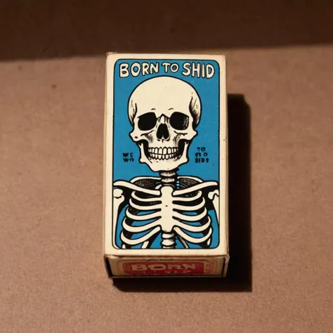 <lora:matchbox:1>, a vintage matchbox with art of a cool skeleton that says the text ("born to shid, forced to wipe":1.5)