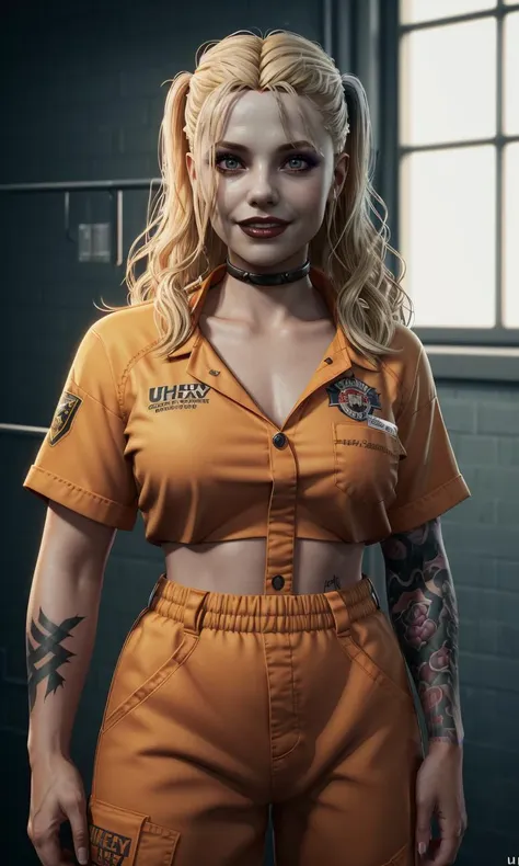 harleyssktjl2024, 1girl, orange jumpsuit, photorealistic, 8k, uhd, masterpiece, detailed skin, skin pores, intricate, depth of field, full body, raw image, long hair, makeup, blonde hair, crazy smile, cinematic lighting, prison clothes, Arkham asylum, tattoo, prison cafeteria, messy hair