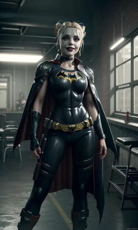 harleyssktjl2024, 1girl, batgirl outfit, cape, photorealistic, 8k, uhd, masterpiece, detailed skin, skin pores, intricate, depth of field, full body, raw image, double bun, makeup, blonde hair, crazy smile, cinematic lighting, Arkham asylum, prison cafeteria, large breasts, multicolored hair