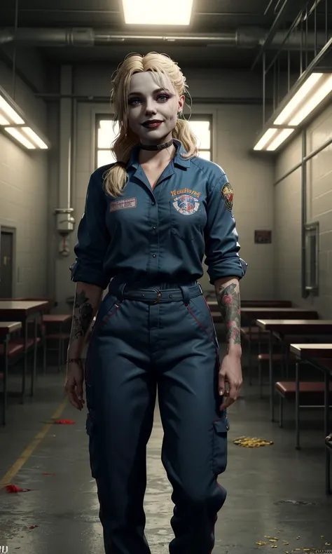 harleyssktjl2024, 1girl, orange jumpsuit, photorealistic, 8k, uhd, masterpiece, detailed skin, skin pores, intricate, depth of field, full body, raw image, long hair, makeup, blonde hair, crazy smile, cinematic lighting, prison clothes, Arkham asylum, tattoo, prison cafeteria, messy hair
