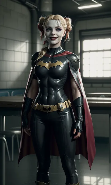 harleyssktjl2024, 1girl, batgirl outfit, cape, photorealistic, 8k, uhd, masterpiece, detailed skin, skin pores, intricate, depth of field, full body, raw image, double bun, makeup, blonde hair, crazy smile, cinematic lighting, Arkham asylum, prison cafeteria, large breasts, multicolored hair