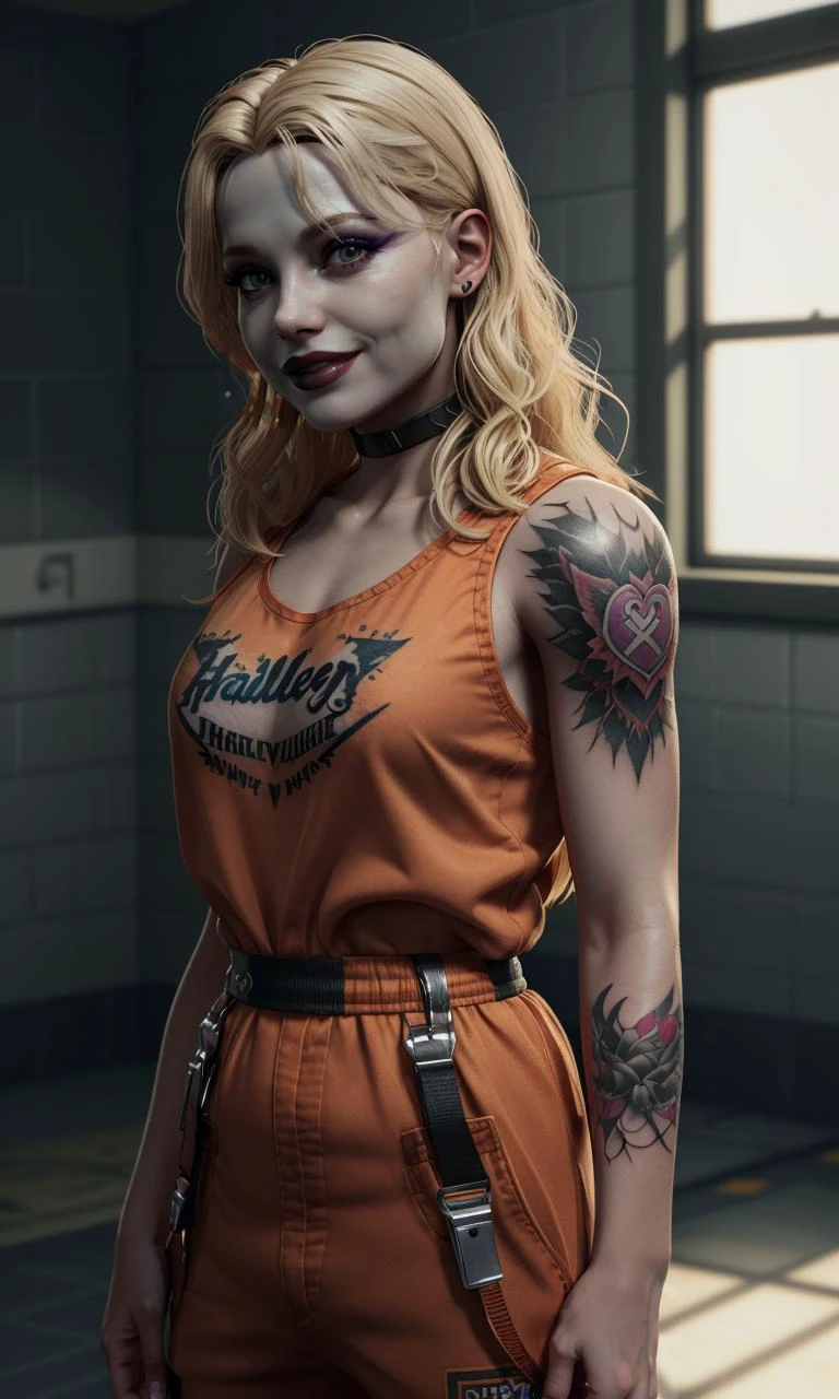 harleyssktjl2024, 1girl, orange jumpsuit, photorealistic, 8k, uhd, masterpiece, detailed skin, skin pores, intricate, depth of field, full body, raw image, long hair, makeup, blonde hair, crazy smile, cinematic lighting, prison clothes, Arkham asylum, tattoo, prison cafeteria, messy hair