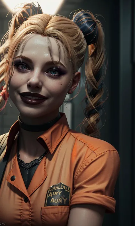 harleyssktjl2024, 1girl, photorealistic, 8k, uhd, masterpiece, detailed skin, skin pores, intricate, depth of field, full body, raw image, twintails, makeup, blonde hair, crazy smile, cinematic lighting, prison clothes, Arkham asylum, orange jumpsuit