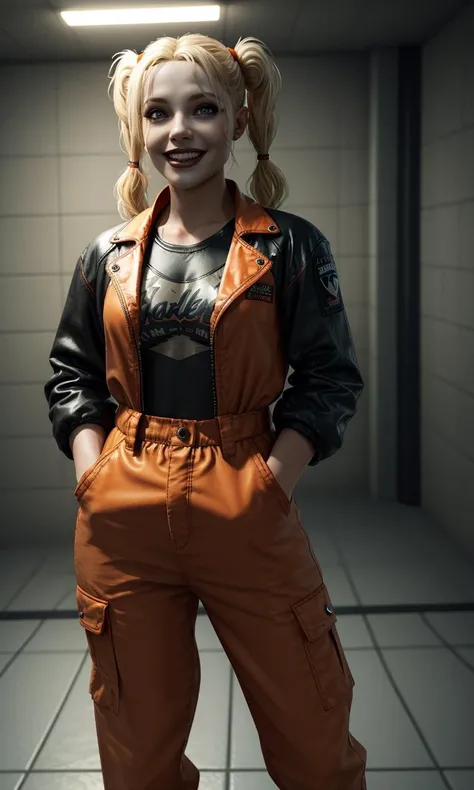 harleyssktjl2024, 1girl, in padded room, photorealistic, 8k, uhd, masterpiece, detailed skin, skin pores, intricate, depth of field, full body, raw image, twintails, makeup, blonde hair, crazy smile, cinematic lighting, wearing straitjacket, prison clothes, Arkham asylum, orange jumpsuit,