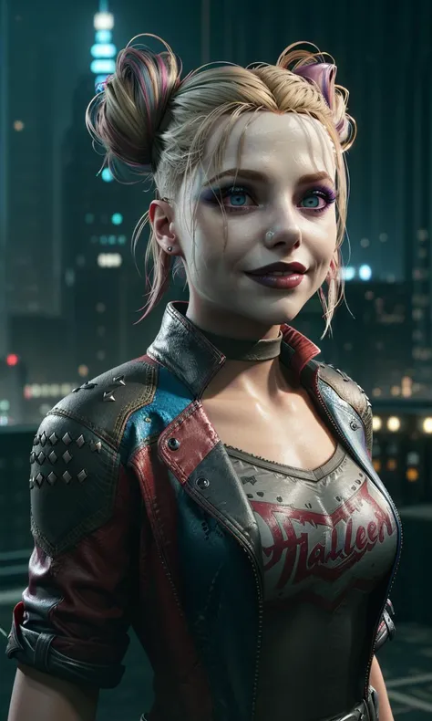 harleyssktjl2024, 1girl, walking in gotham, photorealistic, 8k, uhd, masterpiece, detailed skin, skin pores, intricate, depth of field, full body, raw image, multicolored hair, makeup, blue eyes, blonde hair, double bun, cute smile, cinematic lighting, 5 toes, 5 fingers,
