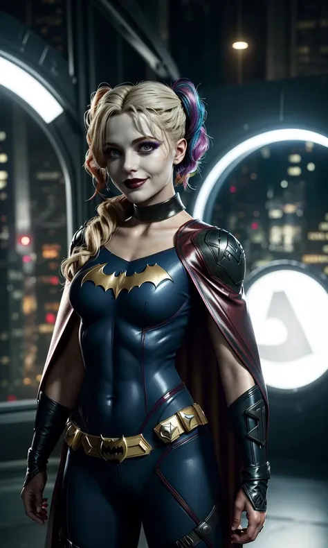 harleyssktjl2024, 1girl, batgirl outfit, cape, photorealistic, 8k, uhd, masterpiece, detailed skin, skin pores, intricate, depth of field, full body, raw image, double bun, makeup, blonde hair, crazy smile, cinematic lighting, batcave, large breasts, multicolored hair, batmobile, batman \(cosplay\),