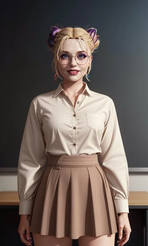 harleyssktjl2024, 1girl, model shoot, brown suit, brown skirt, classroom, chalkboard, naughty teacher, glasses, pov, photorealistic, 8k, uhd, masterpiece, detailed skin, skin pores, intricate, depth of field, full body, raw image, double bun, makeup, blonde hair, crazy smile, cinematic lighting, multicolored hair