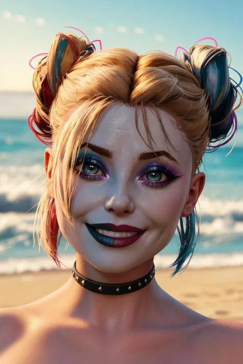 <lora:harleyssktjl2024:0.8>,harleyssktjl2024,1girl,model shoot,beach,bikini,thong,pov,photorealistic,8k,uhd,masterpiece,detailed skin,skin pores,intricate,depth of field,full body,raw image,double bun,makeup,blonde hair,crazy smile,cinematic lighting,large breasts,multicolored hair