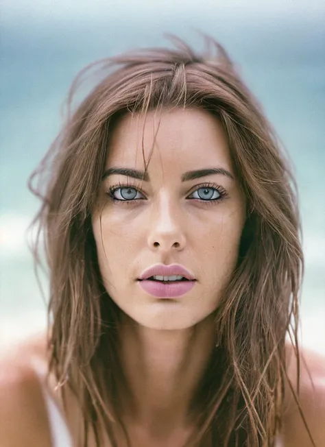 analog style, modelshoot style, photo of beautiful sks woman, hyper realistic photograph, detailed face,film grain, Kodak portra 800, f1.8, intricate, at the beach, <lora:locon_emilyhart_v1_from_v1_64_32:1.4>