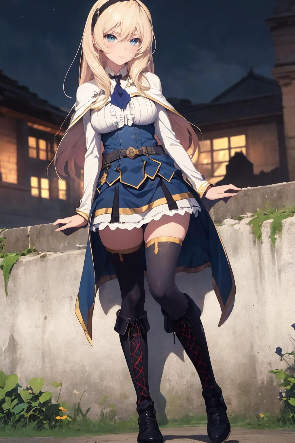 celestiara, 1girl, solo, hairband, blue ascot, blue eyes, capelet, shirt, center frills, underbust, belt, pleated skirt, black thighhighs, knee boots, lace-up boots, hand on hip, full body, castle, tower <lora:celestiara_V5-10:0.8> <lora:Envybetterhandslocon_Beta2:1>