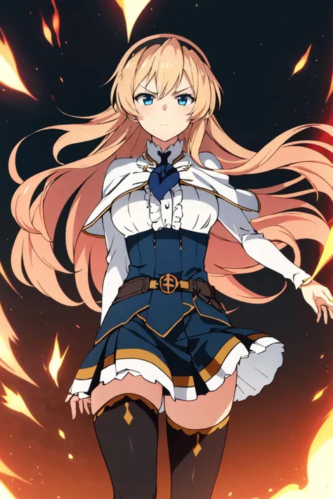 celestiara, 1girl, hairband, ascot, capelet, shirt, center frills, underbust, belt, pleated skirt, black thighhighs, v-shaped eyebrows, wind, (fighting stance:0.6), embers, <lora:celestiara_V5-10:0.7>