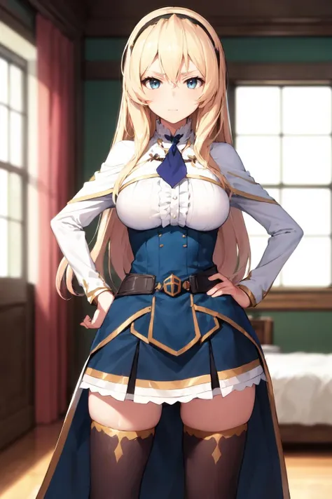 celestiara, 1girl, hairband, ascot, capelet, shirt, center frills, underbust, belt, pleated skirt, (tailcoat:1.3), black thighhighs, v-shaped eyebrows, castle, indoors hands on hips, window <lora:celestiara_V5-10:0.7> <lora:Envybetterhandslocon_Beta2:1>