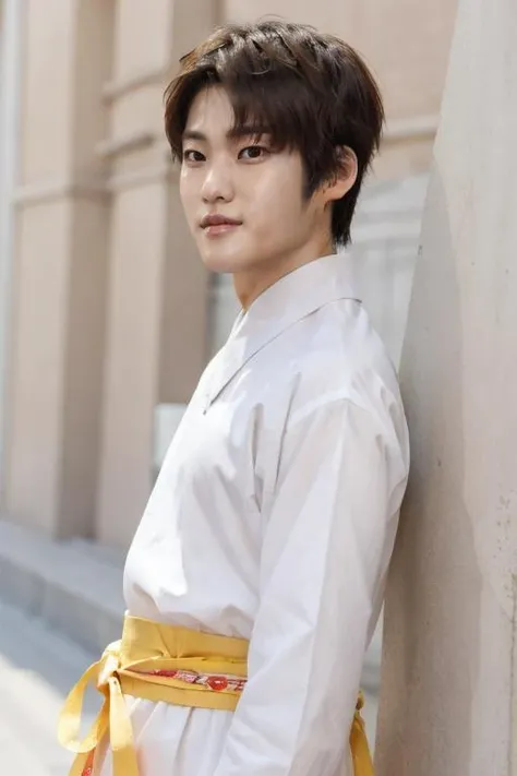 <lora:soheeriize:0.75> soheeriize wearing a hanbok, (((monolids))), short brown hair,