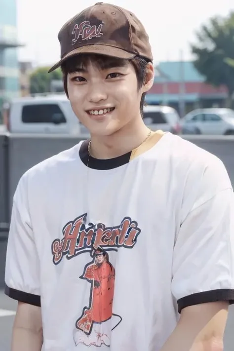 <lora:soheeriize:0.75> soheeriize wearing streetwear fashion, (((monolids))), short brown hair, backwards cap, smile
