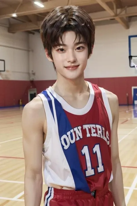 <lora:soheeriize:0.75> soheeriize wearing a singlet in a sports hall, brown hair, smile, monolids