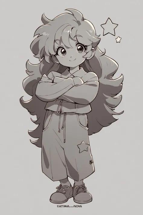1girl,solo,simple background,white background,full body,monochrome,smile,crossed arms,star (symbol),character name,spot color,copyright name,long hair,dot nose,standing,bangs,looking at viewer,closed mouth,score_9,score_8_up,score_7_up,<lora:hrn_yc_XL_PONY:0.9>,
