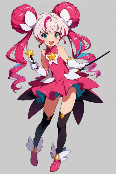 1girl,solo,double bun,hair bun,gloves,white background,smile,multicolored hair,open mouth,dress,green eyes,thighhighs,full body,simple background,personification,white hair,holding,red hair,wand,white gloves,holding wand,streaked hair,:d,pink hair,pink dress,twintails,looking at viewer,standing,two-tone hair,boots,blush,magical girl,score_9,score_8_up,score_7_up,<lora:hrn_yc_XL_PONY:0.9>,