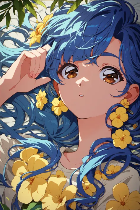 1girl,solo,blue hair,flower,brown eyes,looking at viewer,earrings,jewelry,long hair,bangs,yellow flower,flower earrings,:o,shirt,score_9,score_8_up,score_7_up,<lora:hrn_yc_XL_PONY:0.9>,