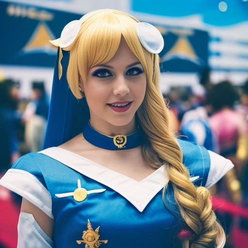 (100Memories: 1.7), a nordic woman cosplaying as Sailor Moon, detailed comic-con background, 4K, UHD, very clear photo, incredibly detailed