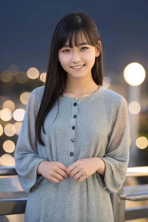 1girl, (wearing a an casual dress:1.4),(RAW photo, best quality), (realistic, photo-realistic:1.4), masterpiece, an extremely delicate and beautiful, extremely detailed, 2k wallpaper, Amazing, finely detail, extremely detailed CG unity 8k wallpaper, ultra-detailed, highres, soft light, beautiful detailed girl, extremely detailed eyes and face, beautiful detailed nose, beautiful detailed eyes,cinematic lighting,(in the city at night:2.0),perfect anatomy,(slender body:1.2),smiling,(young girl:1.5),(close up:1.8),(look at viewer),(front view:2.0),cinematic angle,(cleavage:1.2),(wavy long hair),(brown eyes:1.2),  <lora:endourina_lora-02:0.8>