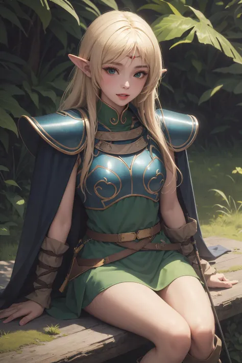 (masterpiece, top quality, best quality, official art, beautiful and aesthetic:1.2), (1girl:1.3), (wearing natural dress), (blonde hair:1.4), (green eyes:1.3), (elf ears:1.4), (happy), (half smile), extremely detailed, colorful, (highly detailed CG illustration), (looking at viewer), cinematic light, solo, half body, (character focus), outside, in nature, thin clothing, small breasts