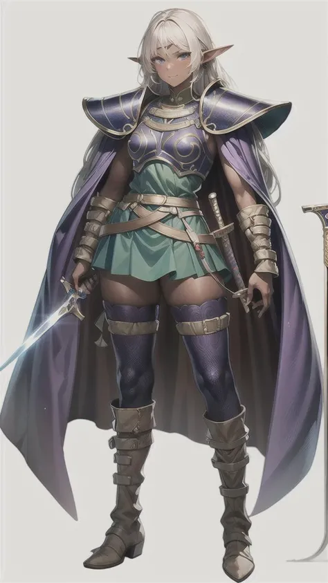 masterpiece, best quality, highly detailed, intricate design, brilliant colors, deedlit, armor, skirt, circlet, boots, bracers, shoulder pads, cape, sword, Elf, dark skin, white hair, purple eyes, <lora:11deedlit-000012:0.8>  <lora:Dark Skin Beauty:0.6>