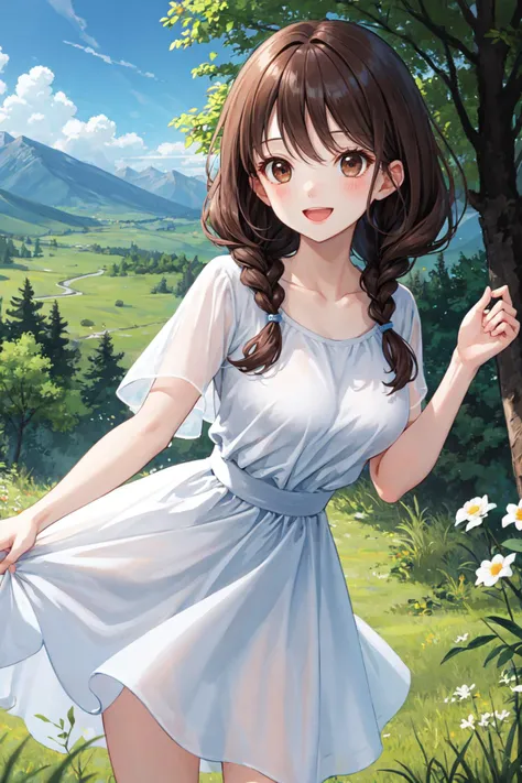 best quality, amazing intricate, cute girl, (round eyes:1.3), dark brown eyes, happy, medium breast, 
:D, 
dark brown hair, twin braids, 
from front, cowboy shot, standing, 
white dress, 
in the forest, grass, flower, mountain in the distance, sky