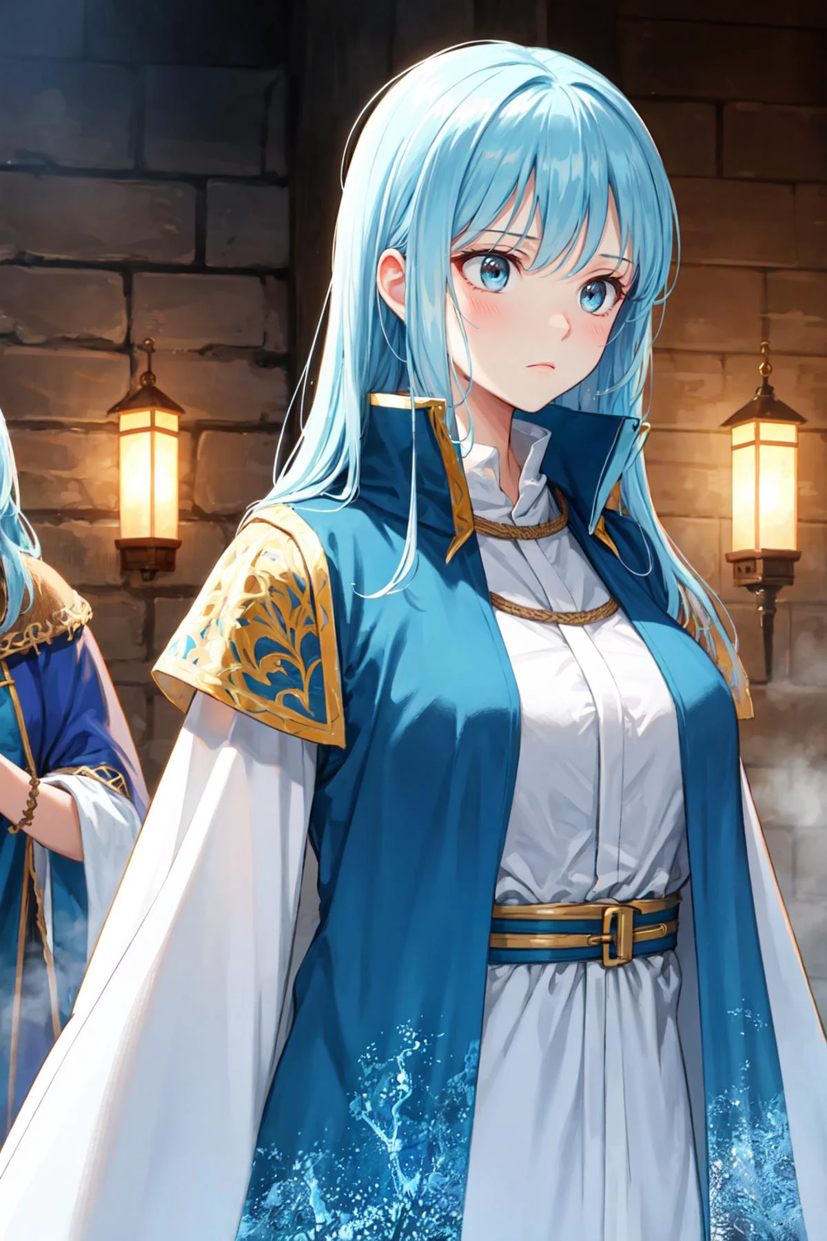 best quality, amazing intricate, cute girl, round eyes, medium breast, frown,
(looking away:1.2),
light blue hair,
long hair, hime cut,
(hair intakes:1.2),
,
,
,
,
,
from front,
upper body,
making eye contact,
(fantasy folk costume:1.6),
in a sauna