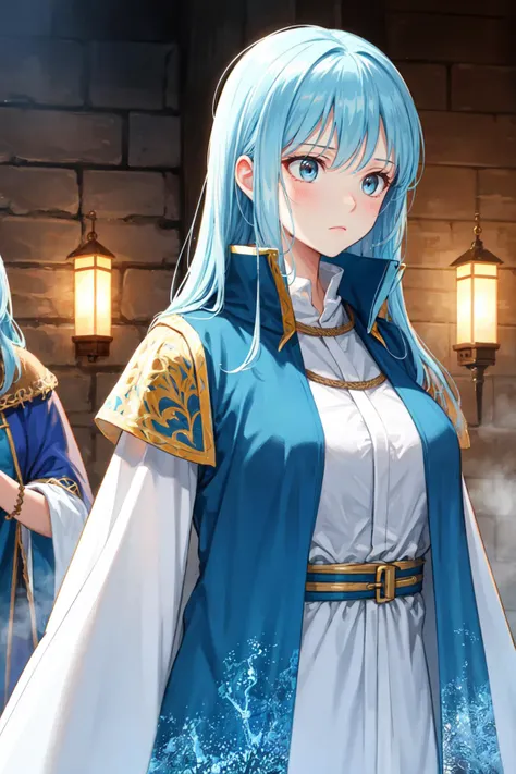 best quality, amazing intricate, cute girl, round eyes, medium breast, frown, 
(looking away:1.2), 
light blue hair, 
long hair, hime cut, 
(hair intakes:1.2), 
, 
, 
, 
, 
, 
from front, 
upper body, 
making eye contact, 
(fantasy folk costume:1.6), 
in a sauna