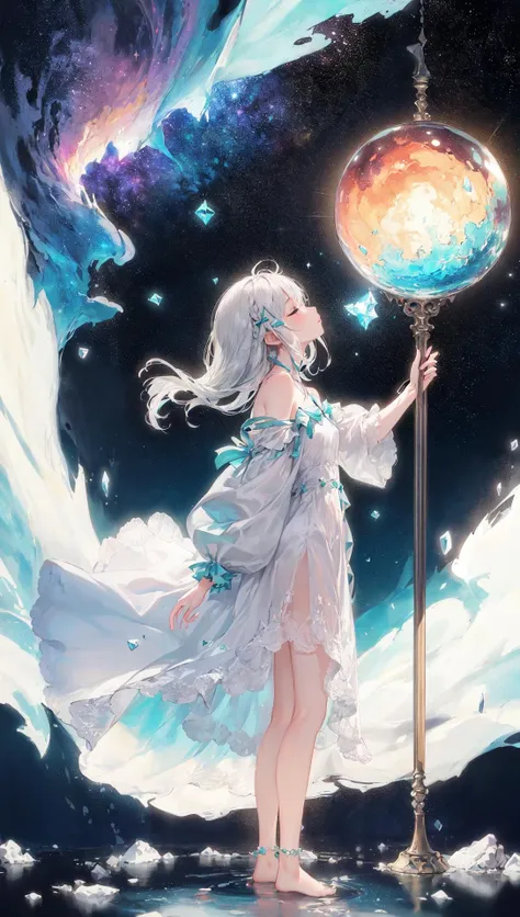 (((green, silver, glimmer)), limited palette, contrast, phenomenal aesthetic, best quality, sumptuous artwork,
(masterpiece), (best quality), (ultra-detailed),(((illustration))), ((an extremely delicate and beautiful)),(detailed light),1girl,cold theme, broken glass, broken wall,((an array of stars)),((starry sky)),the Milky Way,star,Reflecting the starry water surface,(1girl:1.3)aqua theme,white hair,blinking,white dress,closed mouth,constel lation,flat color,noline art,full Glass sphere,girl inside glass sphere,white hair,braid,blinking,white robe,bust \(sculpture\),barefoot,float,closed mouth,constel lation,flat color,holding,holding wand,looking up,standing,male focus,medium hair,standing,solo,space,universe,utaite(singer),Nebula,many stars,