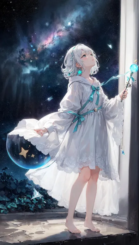 (((green, silver, glimmer)), limited palette, contrast, phenomenal aesthetic, best quality, sumptuous artwork,
(masterpiece), (best quality), (ultra-detailed),(((illustration))), ((an extremely delicate and beautiful)),(detailed light),1girl,cold theme, broken glass, broken wall,((an array of stars)),((starry sky)),the Milky Way,star,Reflecting the starry water surface,(1girl:1.3)aqua theme,white hair,blinking,white dress,closed mouth,constel lation,flat color,noline art,full Glass sphere,girl inside glass sphere,white hair,braid,blinking,white robe,bust \(sculpture\),barefoot,float,closed mouth,constel lation,flat color,holding,holding wand,looking up,standing,male focus,medium hair,standing,solo,space,universe,utaite(singer),Nebula,many stars,