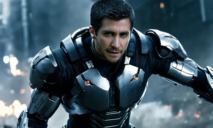 Gyllenhaal, <lora:gyllenhaal-128:0.9>, battle cyborg, black hair, medium full shot