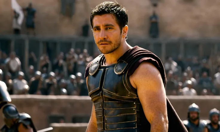 Gyllenhaal, <lora:gyllenhaal-128:0.9>, gladiator, black hair, medium full shot