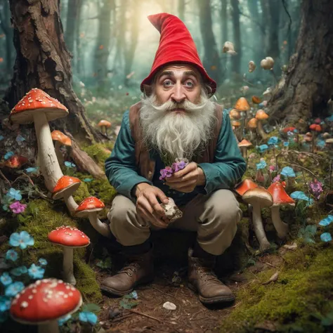 gnome collecting mushrooms in a fairy tale forest, blooming flowers, fairy tale atmosphere, unusual composition inspired by Salvador Dali, portrait of a gnome <lora:jillenhol:1>, Jake Gyllenhaa