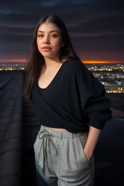 DEN_moraknight_OF,
((cityscape:1.2) scene posing on the (rooftops:1.2) at (sunset:1.2) wearing clothes, wearing trousers and a top, (plain top:1.2), (top:1.2), (trousers:1.2), (cityscape:1.2), (night time sunset sky:1.3), (dark:1.1), (evening:1.2), vibrant sky colours:1.2),
bokeh, f1.4, 40mm, photorealistic, raw, 8k, textured skin, skin pores, intricate details <lora:epi_noiseoffset2:1>, epiCRealism <lora:ClothingAdjuster3:-1>