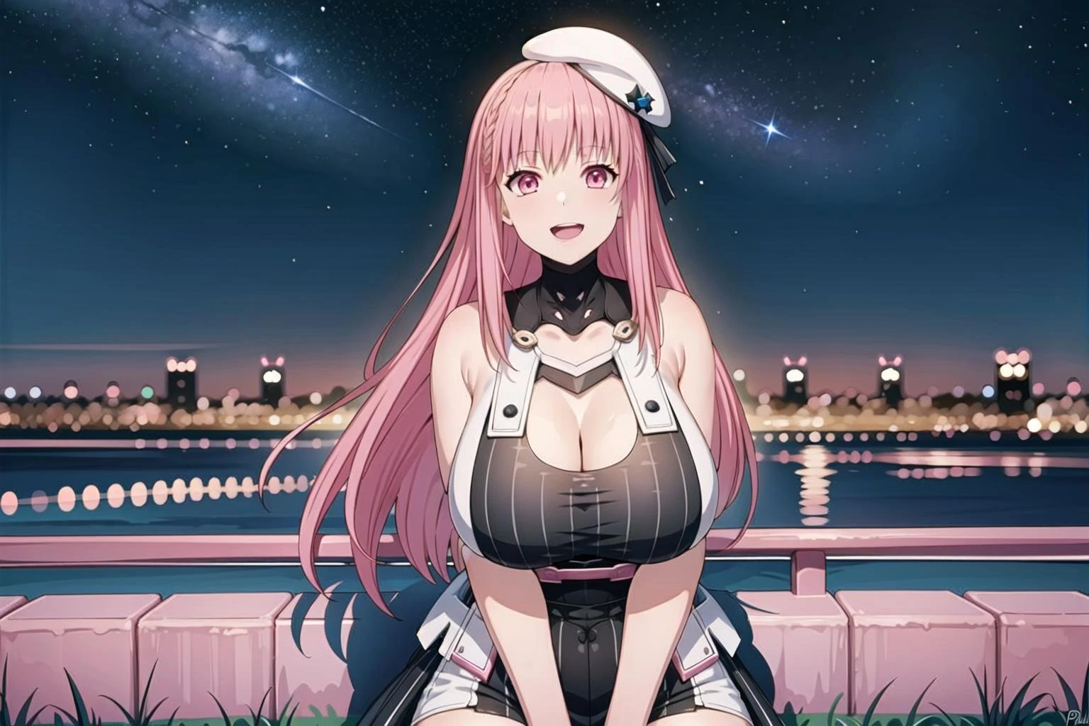 masterpiece,best quality,(cityscape),black sky,starry sky,clusters of stars,1girl, solo,bare shoulders,huge breasts,plump,long hair,pink eyes, pink hair,dress,beret,((smile)),open mouth,screaming,sitting, <lora:aila:0.65>, <lora:add_detail:0.4>