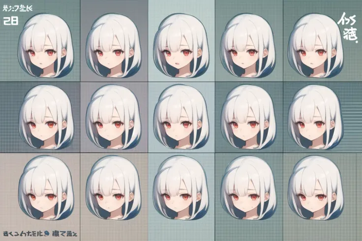 1girl, casual clothes, t-shirt, twintails, longhair, short sleeves, white hair, red eyes, expressions, reference sheet, facing viewer