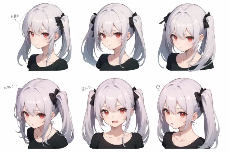 1girl, casual clothes, t-shirt, twintails, longhair, short sleeves, white hair, red eyes, expressions, reference sheet, facing viewer