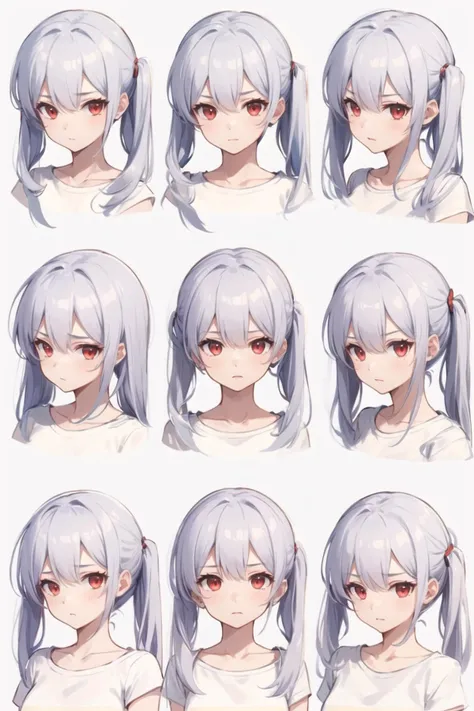 1girl, casual clothes, t-shirt, twintails, longhair, short sleeves, white hair, red eyes, expressions, reference sheet, facing viewer, multiple views, disgusted