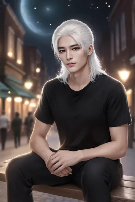 Dreamscape young male, white hair, black eyes, clothes in black shirt, sitting on the bench, city macro view background <lora:SonhwaXL:0.8> sonhwa . Surreal, ethereal, dreamy, mysterious, fantasy, highly detailed