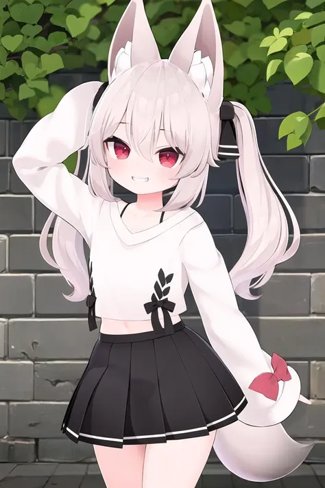 masterpiece, best quality, 1girl, solo,  <lora:Karin-v1.0-:0.7>, grey hair, long hair, twintails, bangs, hair between eyes, animal ears, fox ears, animal ear fluff, red eyes, tail, fox tail, virtual youtuber, shirt, white shirt, long sleeves, sleeves past wrists, bow, 
hair bow, red bow, ribbon, skirt, pleated skirt, black skirt, outdoors, fox girl, grin, smug, looking at viewer, arm behind head, brick wall, vines,