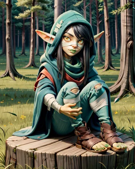 (masterpiece, top quality, best quality, ArtStation, front page, official art, beautiful and aesthetic:1.3, photorealistic:1.4, cinematic light), <lora:more_details:0.5>, nott, 1girl, black hair, long hair, yellow eyes, colored sclera, pointy ears, (colored skin, green skin:1.3), shortstack, hood, sharp teeth, bandages, cloak, toeless legwear, forest, sitting ,tree stump,
<lora:Nott:1>, <lyco:shrunk_xl_v11:0.5>, tiny, shrunken,